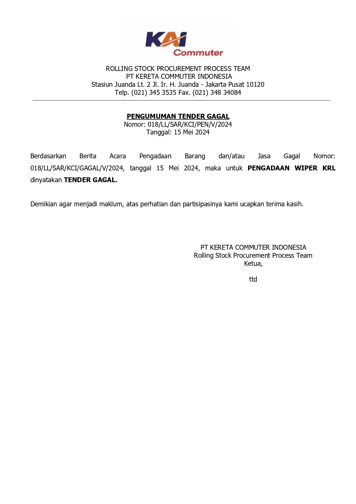 018 pen gagal lelang wiper krl 2024